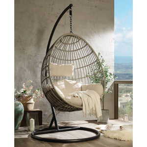 KD, Patio Swing Chair & Stand â€¢ Seat Cushion Included (Removable) â€¢ Includes: Swing Chair, Stand, Cushion â€¢â€¢ CONSTRUCTION: Frame Black Finish, Wicker (mm Round) & Steel Powder Coated (mm) â€¢ SEAT CUSHION: Fabric â€¢â€¢â€¢ Material: Fabric (Solid 