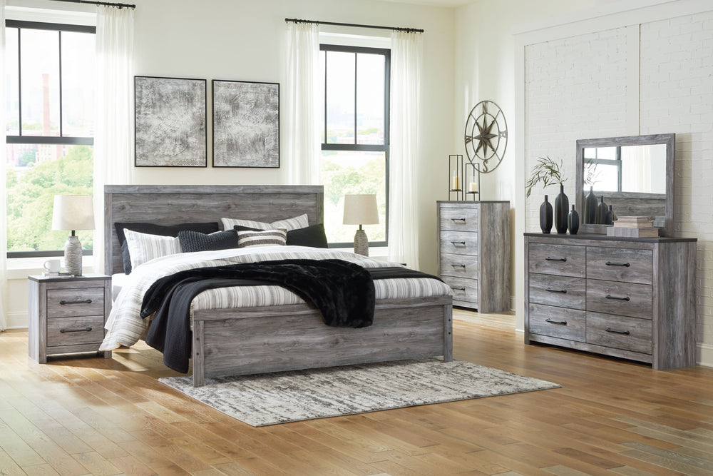 Bronyan - King Panel Bed - 7 Pc. - Dresser, Mirror, Chest, King Bed, 2 Nightstands - Dark Gray