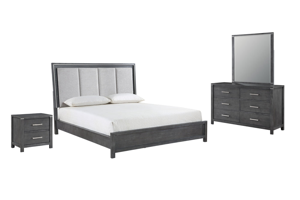 Experience the epitome of sophistication with the Odessa 4 Piece Bedroom Set. This ensemble includes a beautifully illuminated bed, a six-drawer dresser, a mirror and a two-drawer nightstand, all in a captivating charcoal gray finish. Crafted from robust 