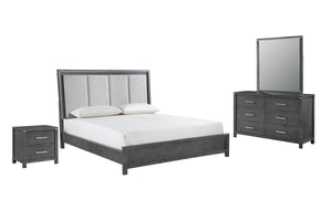 Experience the epitome of sophistication with the Odessa 4 Piece Bedroom Set. This ensemble includes a beautifully illuminated bed, a six-drawer dresser, a mirror and a two-drawer nightstand, all in a captivating charcoal gray finish. Crafted from robust 