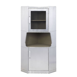 Industrial or rustic, the Brancaster corner cabinet makes a one-of-a-kind statement. The aluminum frame with one open compartment complements the aluminum panels on the two doors. Perfect for smaller spaces, it fits right into the corner of your intended 