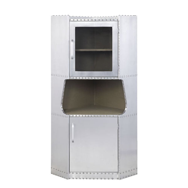 Industrial or rustic, the Brancaster corner cabinet makes a one-of-a-kind statement. The aluminum frame with one open compartment complements the aluminum panels on the two doors. Perfect for smaller spaces, it fits right into the corner of your intended 