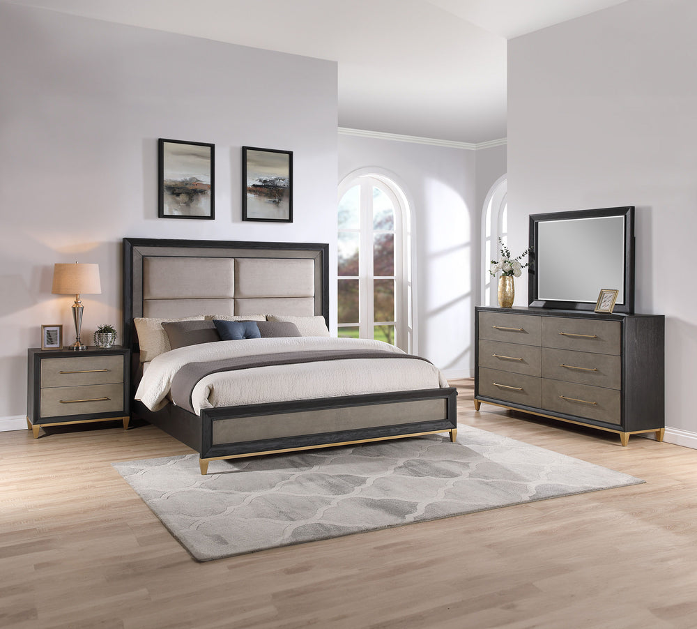 This bedroom ensemble exudes a sleek, contemporary charm with a hint of mid-century flair, perfect for creating a tranquil yet stylish retreat. The centerpiece, a bed with an upholstered headboard, is framed with a contrasting dark trim, offering a plush 