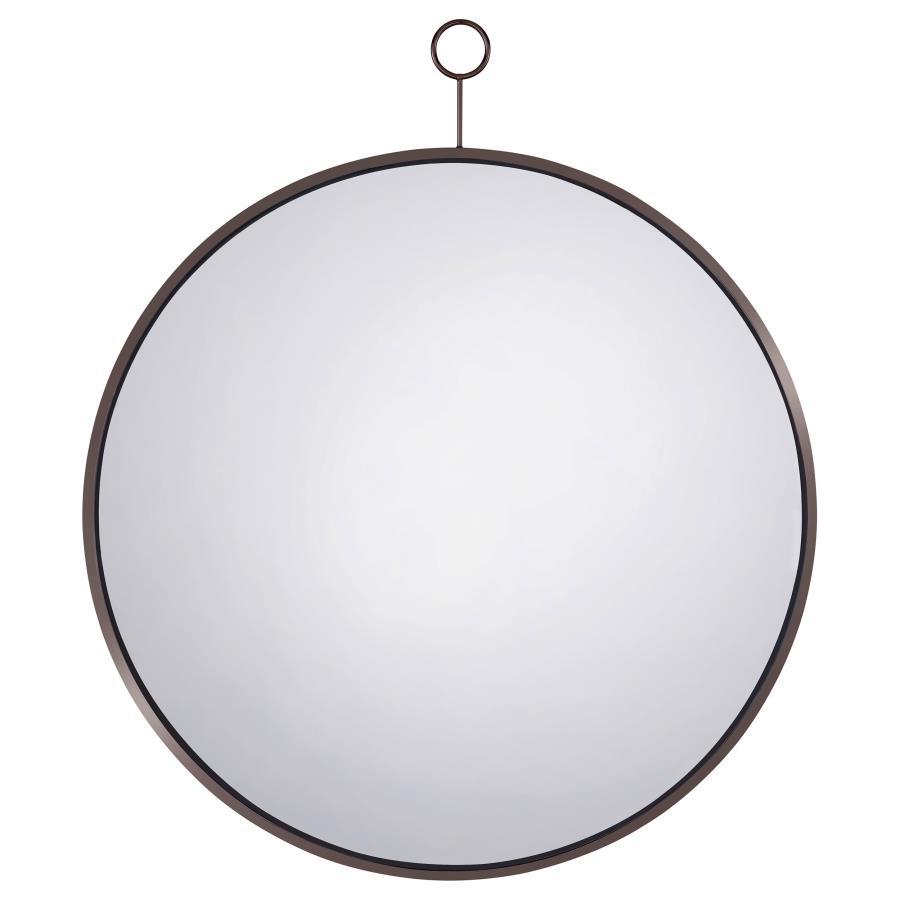 Bring a subtle industrial edge to your dÃ©cor with this round wall mirror featuring a sleek black nickel finish. The slim metal frame and top loop hanger create a minimalist, farmhouse-inspired charm. Hang it in an entryway, hallway, or bathroom to add bo