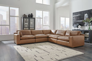  linear silhouette. A warmly hued combination of leather and f