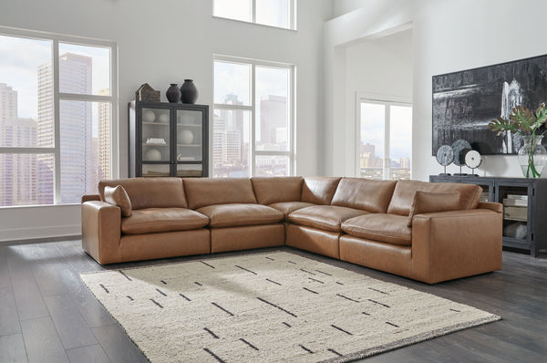  linear silhouette. A warmly hued combination of leather and f