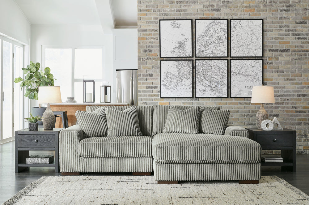 Plush and posh. Showcase your eye for on-trend texture with the statement-making cord upholstery of this sectional with chaise. Its stunningly soft fabric entices in a warm neutral hue, complementing contemporary color palettes. Sink into the cushions and