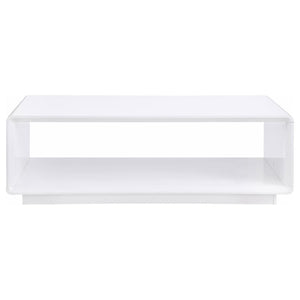  thanks to a pristine white high gloss finish over engineered wood. Serving as a center table