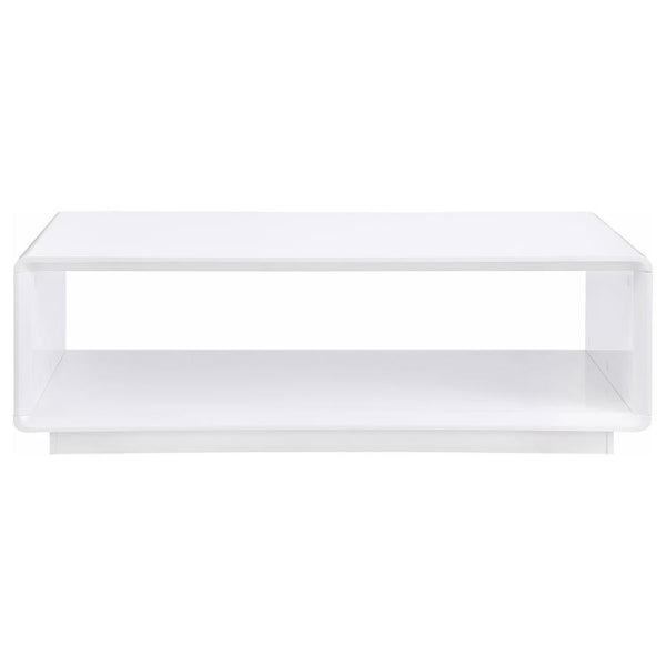  thanks to a pristine white high gloss finish over engineered wood. Serving as a center table