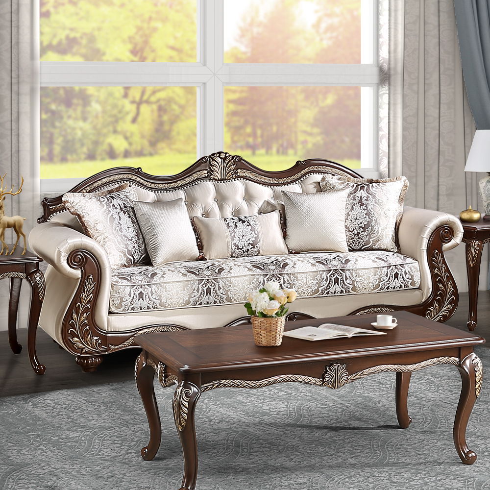 Pierce collection sofa set brings timeless elegance to your living space with its beige fabric and cherry finish. The set includes tight back and loose seat cushions with pocket coil construction for ultimate comfort. A wooden inner frame ensures durabili