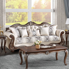 Pierce collection sofa set brings timeless elegance to your living space with its beige fabric and cherry finish. The set includes tight back and loose seat cushions with pocket coil construction for ultimate comfort. A wooden inner frame ensures durabili