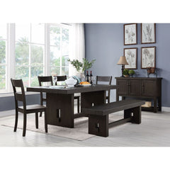Complete your dining space with the sophisticated Haddie dining room set. This transitional group features a distressed finish with the understated styling of rustic design. The table features a sophisticated trestle base with crossbar support and grooved