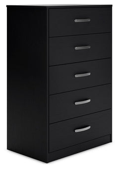 Practical and attractive, this chest of drawers blends seamlessly with modern decor and makes a smart addition to a bedroom. Five spacious drawers will keep your clothes neat and organized. Sleek metal pulls in a brushed nickel-tone finish add to the stre