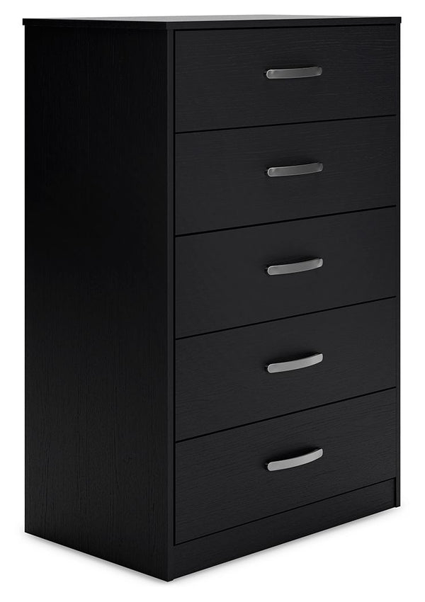 Practical and attractive, this chest of drawers blends seamlessly with modern decor and makes a smart addition to a bedroom. Five spacious drawers will keep your clothes neat and organized. Sleek metal pulls in a brushed nickel-tone finish add to the stre