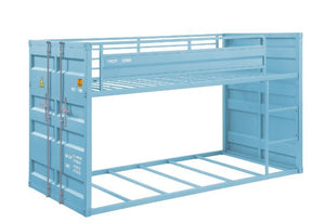 Designed shorter than the average bunk bed, this Cargo twin over twin bunk bed is excellent for low ceiling bedrooms. With its whimsical shipping container design and sturdy metal frame, this is one piece that will impress everyone. It features a slat sys