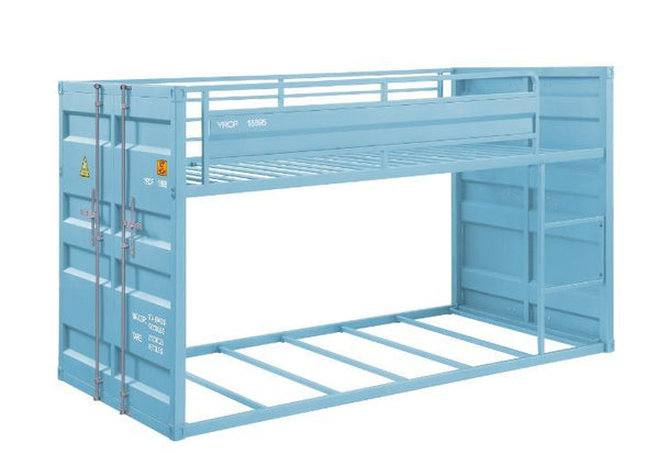 Designed shorter than the average bunk bed, this Cargo twin over twin bunk bed is excellent for low ceiling bedrooms. With its whimsical shipping container design and sturdy metal frame, this is one piece that will impress everyone. It features a slat sys
