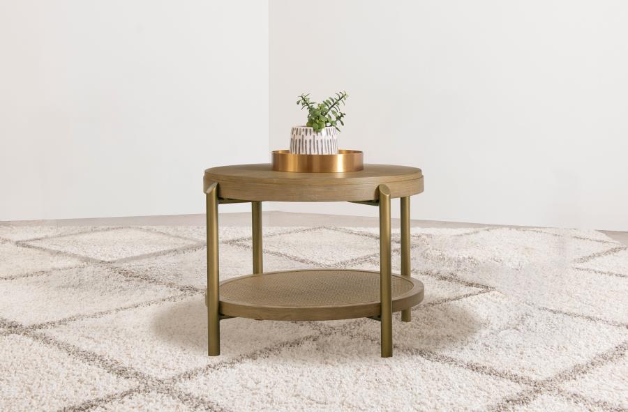 This round end table showcases a refined blend of natural and industrial elements, perfect for modern interiors. Crafted from Asian hardwood, engineered wood, and ash veneer, its finish highlights the table-'s organic grain for a subtle, rustic appeal. Th