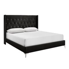 The Huxley Upholstered Bed in Black is a marvel of contemporary glam and durable construction. This bed set includes a headboard, footboard, two side rails, and a slat kit, all crafted from manufactured woods and eco-friendly decorative laminate for long-