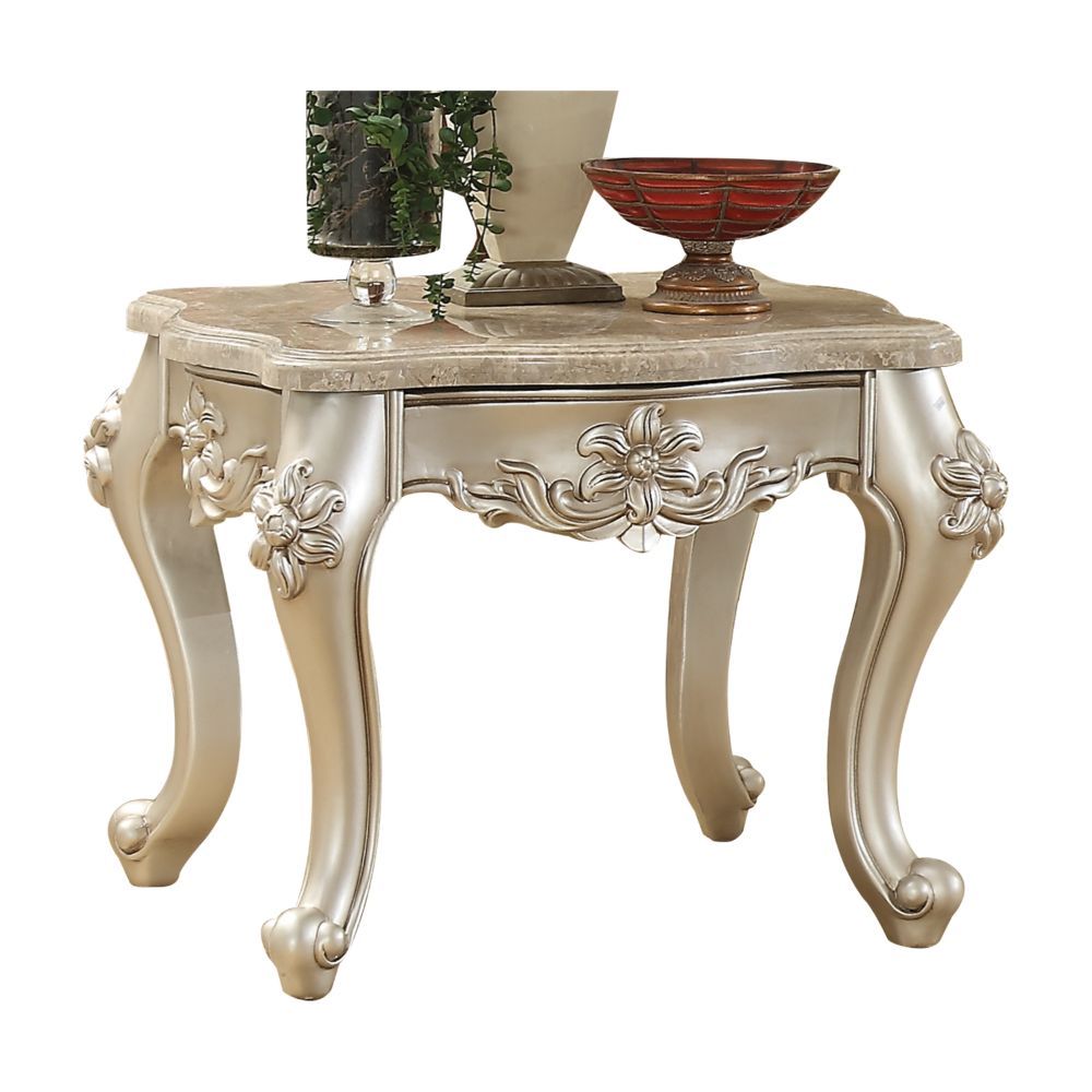 KD, Square Leg End Table â€¢ No Storage (Open Base) â€¢ Scalloped Marble Top: Spain Import Marble with MDF, 40mm â€¢ Wooden Scalloped Apron with Carved Floral Motifs: Champagne Finish, Poplar Wood â€¢ Wooden Queen Anne Legs: Champagne Finish, Rubber Wood 
