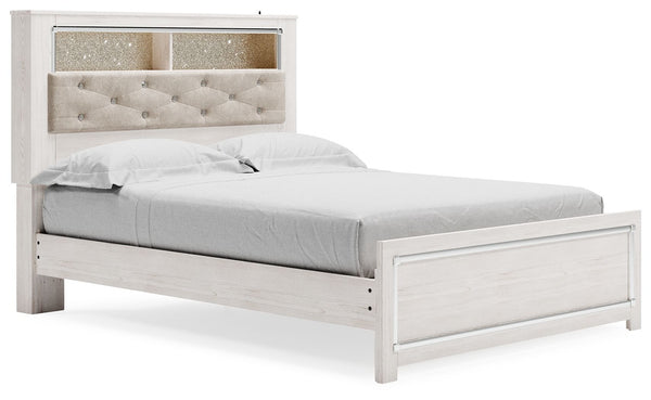 The epitome of fashion-forward design, this queen upholstered bookcase bed is a beautiful blend of comfort and luxury. Shiny chrome-tone accents, a pearlized finish and button-tufted upholstery bring a glam touch to the richly rustic appearance. Remote-co