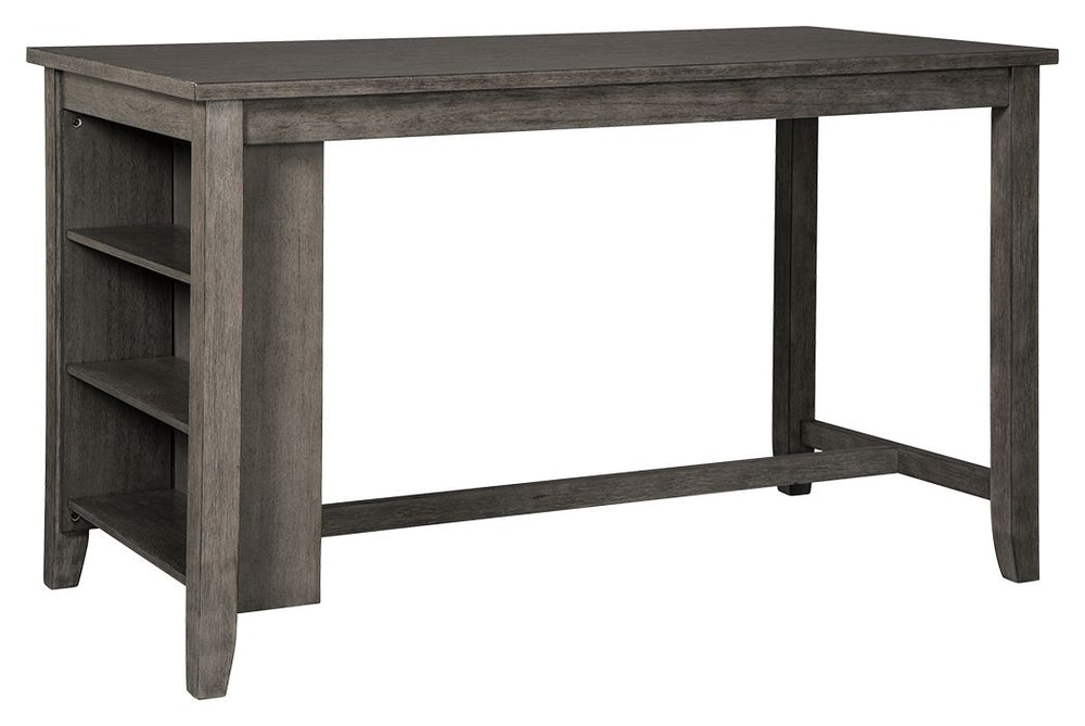 Perfect portion. Striking a simply chic pose, this dining room counter table serves up high style on a smaller scale. Its antiqued gray wash finish gives the clean-lined design a casually cool sensibility. Side shelves cleverly balance form and function.<