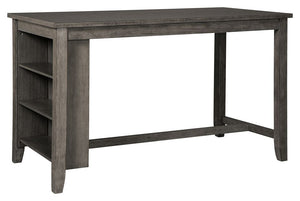 Perfect portion. Striking a simply chic pose, this dining room counter table serves up high style on a smaller scale. Its antiqued gray wash finish gives the clean-lined design a casually cool sensibility. Side shelves cleverly balance form and function.<