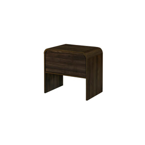 Introducing the Mara One Drawer End Table in Walnut, a stylish and sustainable addition to your living space. Crafted from sturdy manufactured wood and coated in environmentally friendly laminate, this end table offers both durability and eco-consciousnes