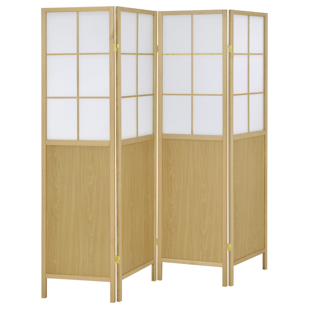 Blending form and function, this transitional four-panel room divider is the perfect solution in large bedrooms and open concept living spaces. It features four panels, each with a soft white, semi-opaque upper panels and a solid natural wood finish lower