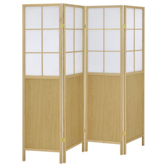Blending form and function, this transitional four-panel room divider is the perfect solution in large bedrooms and open concept living spaces. It features four panels, each with a soft white, semi-opaque upper panels and a solid natural wood finish lower
