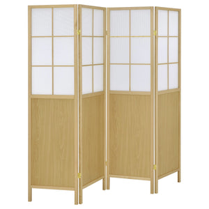 Blending form and function, this transitional four-panel room divider is the perfect solution in large bedrooms and open concept living spaces. It features four panels, each with a soft white, semi-opaque upper panels and a solid natural wood finish lower