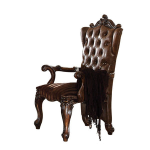 KD, Arm Chair Padded SEAT & BACK Cushion, Nailhead Trim BACKREST (Wingback & Button Tufted Inside): Scrolled Crown, Vintage 2-Tone Brown PU SEAT: Striped Fabric & Scalloped Apron Wooden Cabriole Legs w/Scrolled Motifs (Poly Resin with Antique Contrast Fin