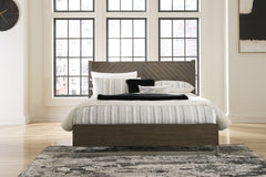 Clean lines lend sophistication and structure to this California king panel bed. Its complex rich grayish brown finish, slats set in a contemporary herringbone pattern, and low-profile footboard create visual interest and add to this bed-'s contemporary v