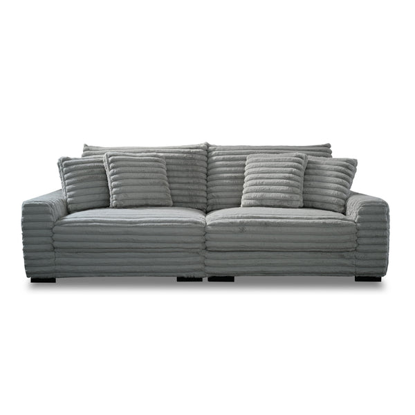 This two-piece Embrace sofa in gray is designed to transform your living space into a haven of comfort and style. Made from 100% polyester fabric with a plush, blanket-like texture, it promises ultimate relaxation. The set includes a right arm facing chai