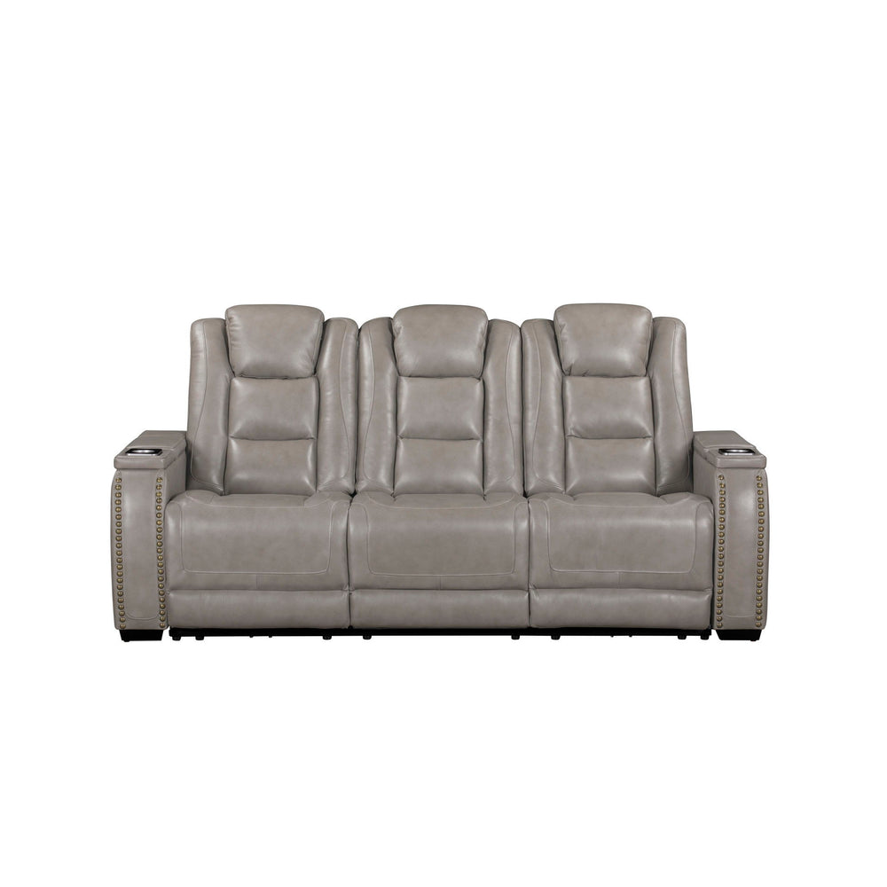The Breckenridge Genuine Leather Power Reclining Sofa with Adjustable Headrests in Gray offers a blend of luxury, durability, and modern convenience, perfect for any living space. This sofa is crafted with a combination of hardwood and manufactured woods,