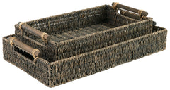 This tray set with cutout wood handles adds a lovely touch of natural appeal to nearly any room. Woven from seagrass in an antiqued gray finish, these lovely trays make a great pick for everything from displaying decorative elements to storing essentials 