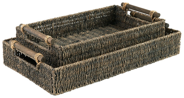 This tray set with cutout wood handles adds a lovely touch of natural appeal to nearly any room. Woven from seagrass in an antiqued gray finish, these lovely trays make a great pick for everything from displaying decorative elements to storing essentials 