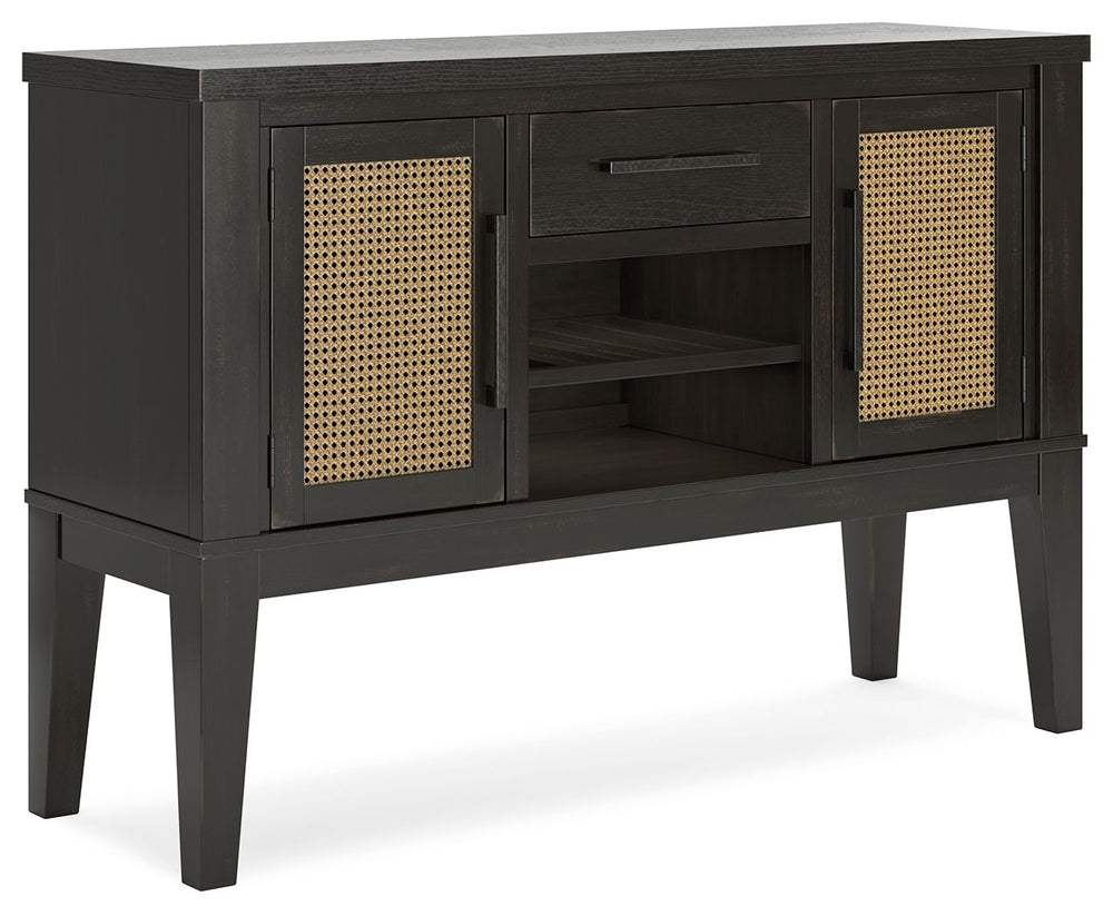 This dining server brings a rustic vibe to urban contemporary design. Itâ€™s a modern approach to natural beauty, with faux cane accents incorporating eye-catching texture. Chic storage is made possible with a reversible wine rack shelf, a drawer and cabi