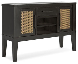 This dining server brings a rustic vibe to urban contemporary design. Itâ€™s a modern approach to natural beauty, with faux cane accents incorporating eye-catching texture. Chic storage is made possible with a reversible wine rack shelf, a drawer and cabi