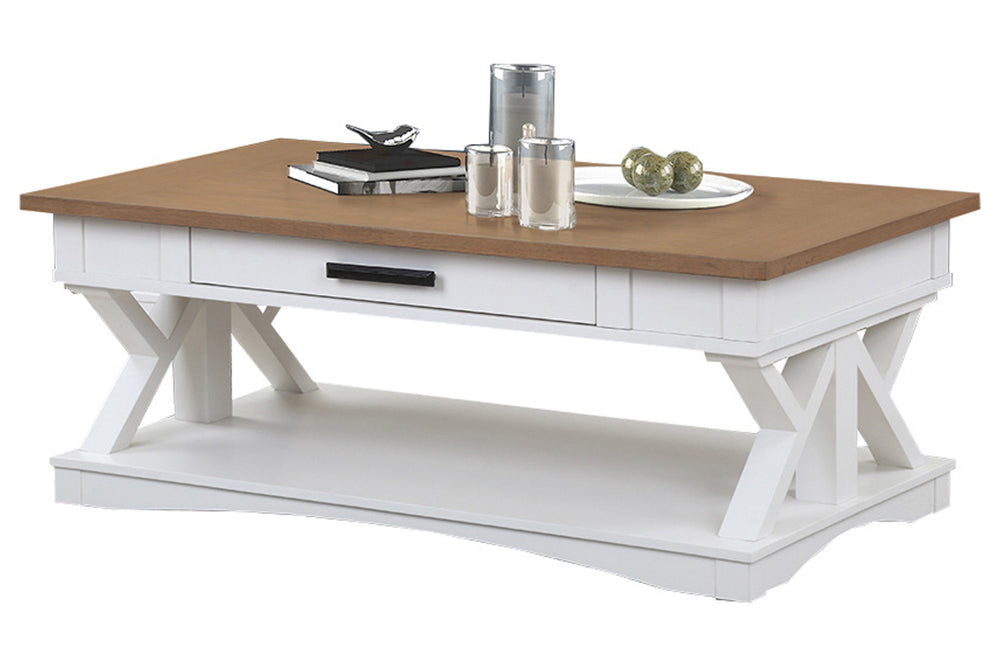 Destined to be the heart of any conversation area, the Americana Modern Cocktail Table is a must-have. Crafted in a soft Cotton white finish, it features a contrasting wood-grain top in Weathered Natural. A lower open area is perfect for storage and displ