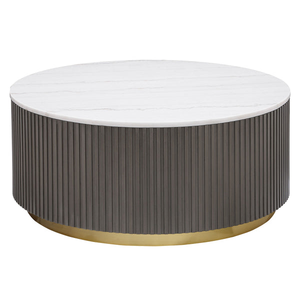 Center your living space with this elegant, modern round coffee table. The genuine white marble top exudes sophistication with its subtle veining, adding organic flair. The clean, light coloration complements any surrounding decor. A ribbed, engineered wo