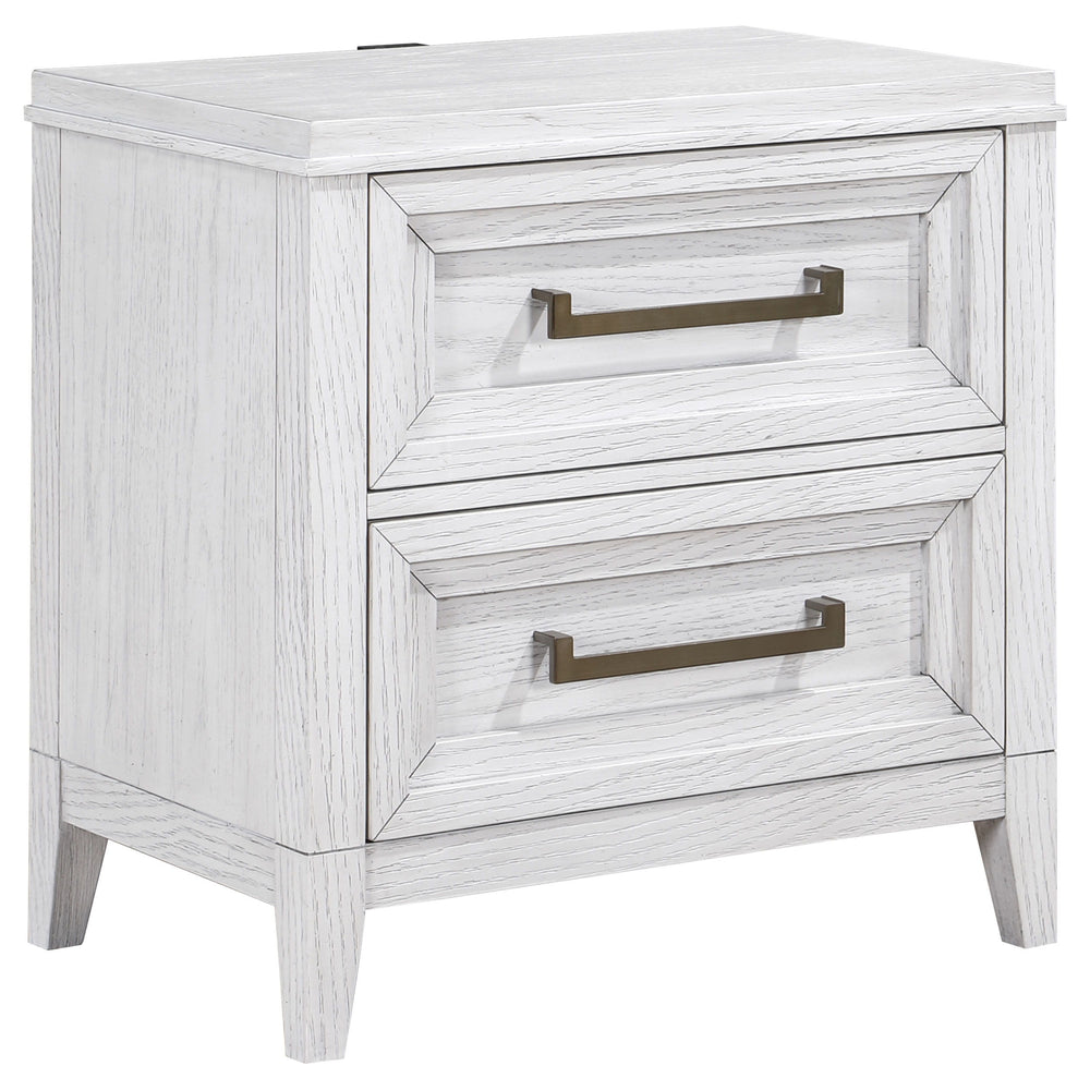 Bring fresh perspective to your bedside with a modern two-drawer nightstand. Its casual style and classic stance create a restrained look and feel, perfect for a soothing bedroom space. It features a distressed white finish over wood grain, creating subtl