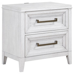 Bring fresh perspective to your bedside with a modern two-drawer nightstand. Its casual style and classic stance create a restrained look and feel, perfect for a soothing bedroom space. It features a distressed white finish over wood grain, creating subtl