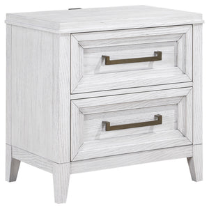 Bring fresh perspective to your bedside with a modern two-drawer nightstand. Its casual style and classic stance create a restrained look and feel, perfect for a soothing bedroom space. It features a distressed white finish over wood grain, creating subtl