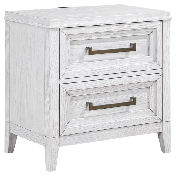 Bring fresh perspective to your bedside with a modern two-drawer nightstand. Its casual style and classic stance create a restrained look and feel, perfect for a soothing bedroom space. It features a distressed white finish over wood grain, creating subtl