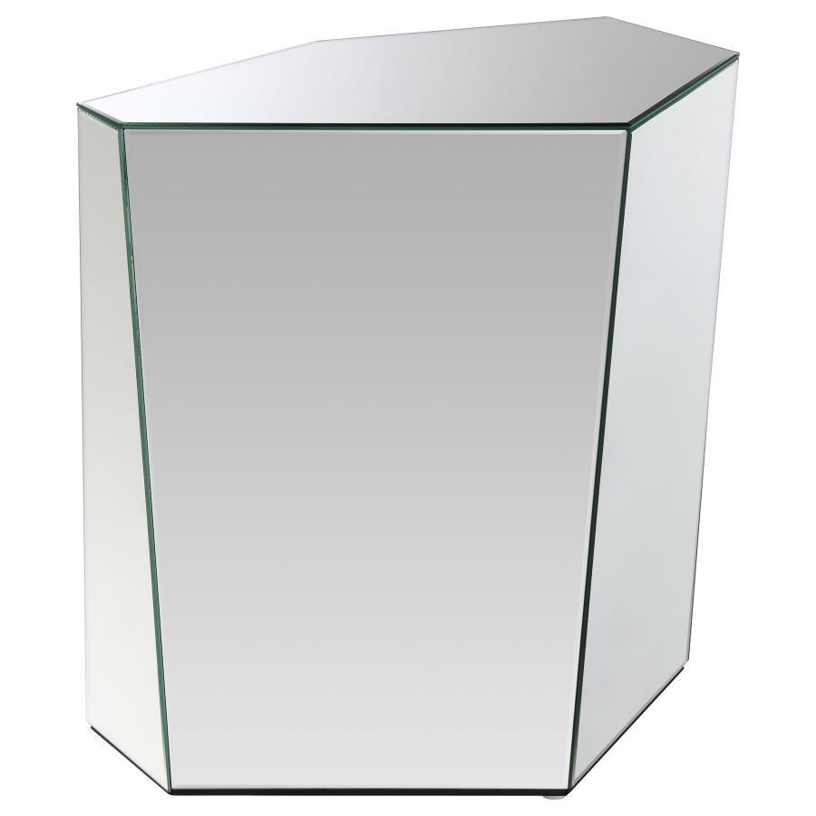 This mirrored end table features a hexagonal silhouette and geometric design for a glamorous contemporary look. Irregular sides add visual interest, while sleek mirrored surfaces reflect light and sophistication. Fully set up and ready to use, this refine