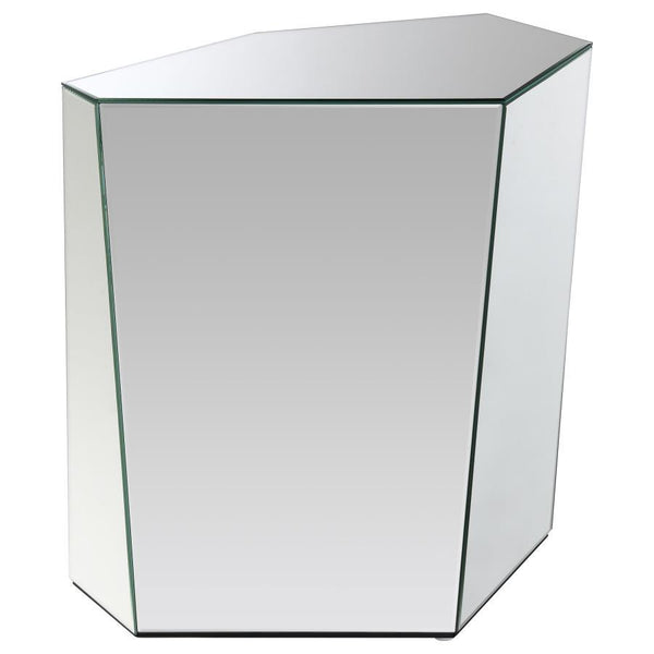 This mirrored end table features a hexagonal silhouette and geometric design for a glamorous contemporary look. Irregular sides add visual interest, while sleek mirrored surfaces reflect light and sophistication. Fully set up and ready to use, this refine