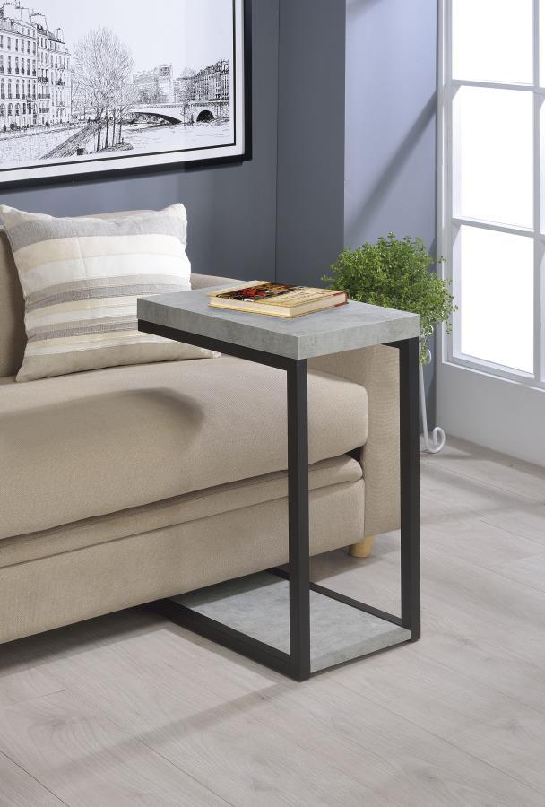 This modern side table combines industrial style with practicality, featuring an engineered wood top and base in a sleek cement-like finish. Its minimalist metal frame is coated in a durable black powder-coated finish, offering both strength and contempor