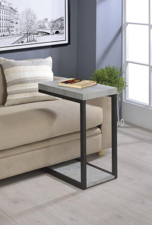  featuring an engineered wood top and base in a sleek cement-like finish. Its minimalist metal frame is coated in a durable black powder-coated finish