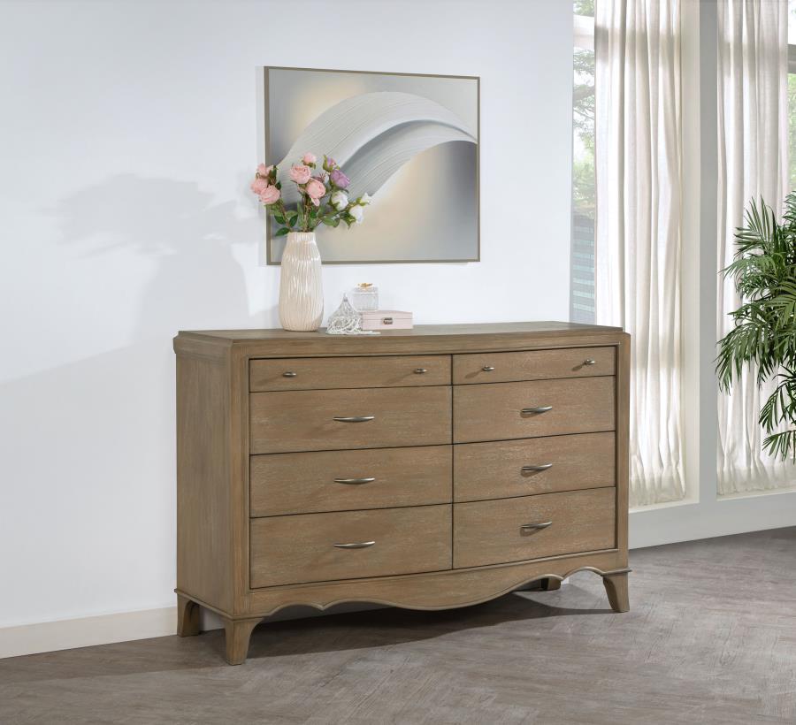 This French Provincial-inspired dresser offers timeless elegance with modern functionality. Crafted from solid poplar, engineered wood, and mango veneer, it showcases a washed mango finish that highlights the natural wood grain. Eight spacious drawers pro