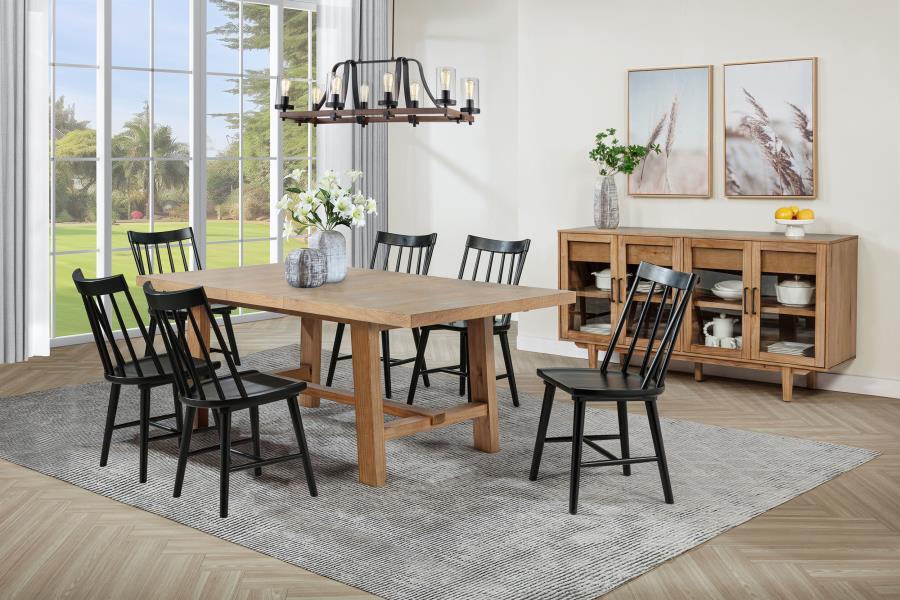 This refined dining set pairs timeless craftsmanship with a modern touch for a stylish and functional space. The extension dining table features a removable 16-inch leaf, expanding from 60 to 76 inches to accommodate various gatherings. Solid mahogany, en